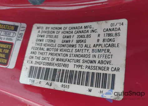 2014 Honda Civic Ex z USA, uszkodzony, nr VIN 2HGFG3B89EH507493